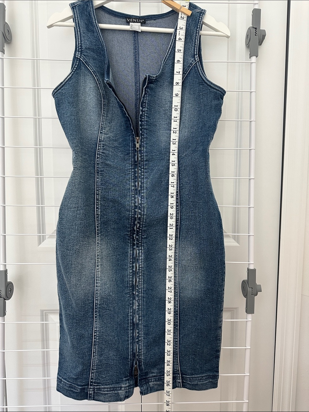 VENUS Faded Washed Blue Denim Zip-Front Bodycon Dress - Picture 5 of 6